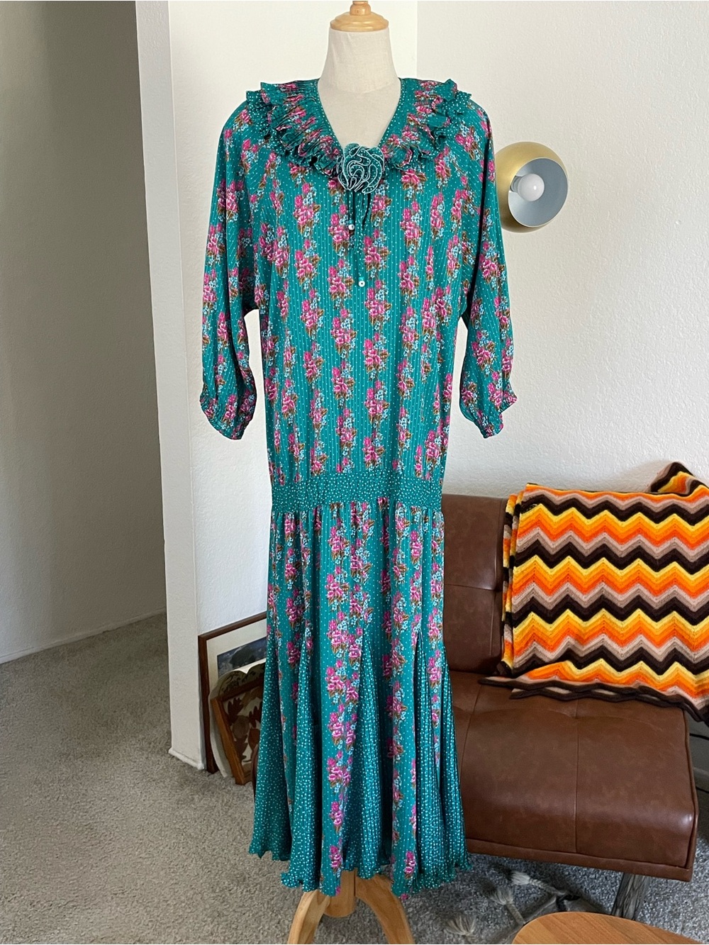 Vintage Diane Freis Floral Polka Dot Pleated Dress